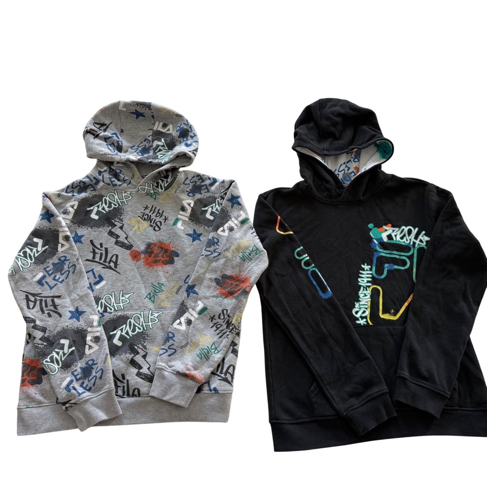 FILA Graffiti Logo Pullover Hoodie Bundle Kids Large Black Grey Streetwear
